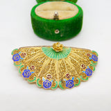 Chinese Export Sterling Silver Gilt Enamel Filigree Fan Brooch Vintage c1950