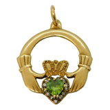 9ct Yellow Gold, Peridot & Spinel Claddagh Irish Heart Drop Pendant Vintage