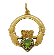 9ct Yellow Gold, Peridot & Spinel Claddagh Irish Heart Drop Pendant Vintage