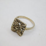Sterling Silver Marcasite Leaf Pattern Square Dress Ring Antique c1930 Size N
