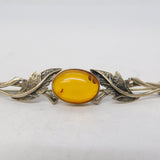 Sterling Silver Leaf Form Cabochon Cut Amber Brooch Pin Vintage c1970