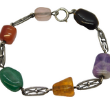 Sterling Silver Multi-Gem Set Bracelet Vintage c1970 Amber, Amethyst, Agate
