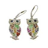 Pair of Sterling Silver Multi-Colour Gemstone Owl Drop Earrings Vintage c1990