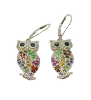 Pair of Sterling Silver Multi-Colour Gemstone Owl Drop Earrings Vintage c1990