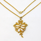 Edwardian 15ct Yellow Gold Seed Pearl Set Floral Pendant Necklace Antique c1910