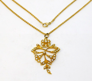 Edwardian 15ct Yellow Gold Seed Pearl Set Floral Pendant Necklace Antique c1910