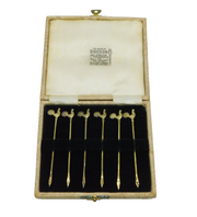 Edwardian Boxed Set of Sterling Silver Gilt Chicken Cocktail Sticks Antique