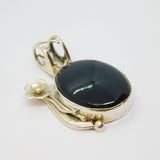 Sterling Silver Large Oval Black Onyx Agate & Flower Charm Pendant Vintage c1970