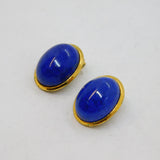 Pair of Gold On .800 Silver Blue Hard Stone Oval Clip-On Earrings Vintage c1970