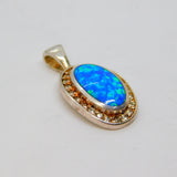 Sterling Silver Blue-Green Opal Cabochon & Spinel Oval Pendant Vintage c1970