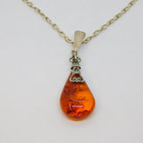 Sterling Silver Baltic Amber Pear Infinity Chain Pendant Necklace Modern c1990's