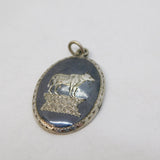 Siam Sterling Silver Niello Enamel Cow Pattern Drop Pendant Antique c1930