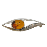 Sterling Silver & Baltic Amber Leaf Set Bar Brooch Vintage c1970s