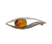 Sterling Silver & Baltic Amber Leaf Set Bar Brooch Vintage c1970s