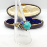 Chinese Sterling Silver Turquoise & Enamel Statement Ring Antique c1940 Deco