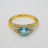18ct Yellow Gold, Blue Zircon & Diamond Set Dress Ring Vintage c1970s