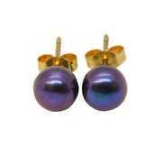 Pair of 9ct Yellow Gold & Cultured Black Pearl Stud Earrings Vintage c1990s
