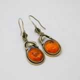 Pair of Sterling Silver Chunky Baltic Amber Floral Drop Earrings Vintage c1970