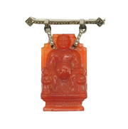 Art Deco Sterling Silver, Marcasite & Carved Red Hardstone Buddha Brooch Antique