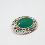 Sterling Silver Green Hardstone Oval Patterned Edge Brooch Pin Vintage c1990