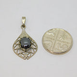 Sterling Silver Cabochon Haematite Filigree Drop Pendant Modern c2000s