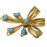 Sterling Silver Gilt & Turquoise Set Filigree Bow Brooch Antique c1930s