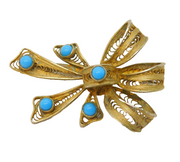 Sterling Silver Gilt & Turquoise Set Filigree Bow Brooch Antique c1930s