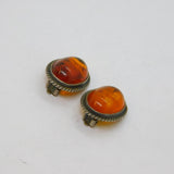 Pair of Sterling Silver Baltic Amber Oval Clip-On Earrings Vintage c1970