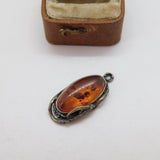 Sterling Silver Cabochon Baltic Amber Drop Charm Pendant Vintage c1970