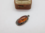 Sterling Silver Cabochon Baltic Amber Drop Charm Pendant Vintage c1970