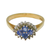 9ct Yellow Gold, Tanzanite & Diamond Set Floral Dress Ring Vintage 1989 London