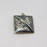 Sterling Silver Niello Enamel Patterned Square Charm Pendant Antique c1930