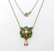 Austro-Hungarian Sterling Silver, Enamel, Emerald & Pearl Necklace Antique