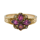 Victorian 9ct Yellow Gold, Pink Topaz & Seed Pearl Floral Ring Antique c1860s