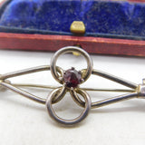 Sterling Silver Twisted Knot Form Garnet Set Brooch Vintage c1960