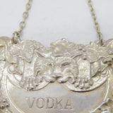 Sterling Silver Large Lion Mask 'Vodka' Decanter Label Vintage 1970 Birmingham
