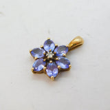 9ct Yellow Gold, Tanzanite & Diamond Floral Drop Pendant Vintage London