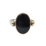 .950 Mexican Silver Black Onyx Agate Oval Dress Ring Vintage c1970 Size K