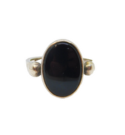 .950 Mexican Silver Black Onyx Agate Oval Dress Ring Vintage c1970 Size K