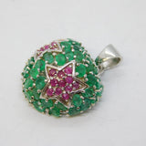 Sterling Silver, Emerald & Ruby Set Starburst Heart Pendant Vintage c2000s