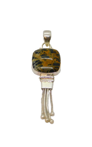 Sterling Silver Black & Brown Natural Stone Square Tassel Pendant Vintage c1970s