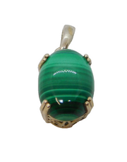 Sterling Silver Cabochon Malachite Oval Drop Charm Pendant Vintage c1970