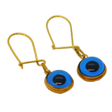 14ct Yellow Gold & Glass Blue Eye Drop Hook Earrings Vintage c1970