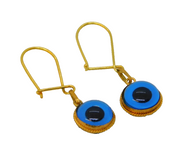 14ct Yellow Gold & Glass Blue Eye Drop Hook Earrings Vintage c1970