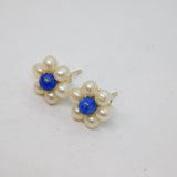 Pair of Sterling Silver Pearly & Blue Bead Flower Stud Earrings Vintage c1990
