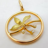 Edwardian 9ct Yellow Gold & Seed Pearl Floral Drop Pendant Antique c1910s