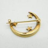Edwardian 14ct Gold & Seed Pearl, Moon & Stars Brooch Pin Antique c1910s