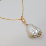 Rose-Gold On Sterling Silver White Baroque Pearl Pendant Necklace Modern c2000