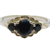Sterling Silver 3 Sapphire & 12 Diamond Dress Ring Vintage c1970 Size O 1/2