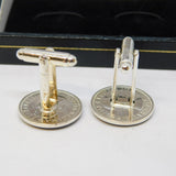 Boxed Pair of Silver Plated Vitreous Enamel Sixpence Coin Cufflinks Vintage